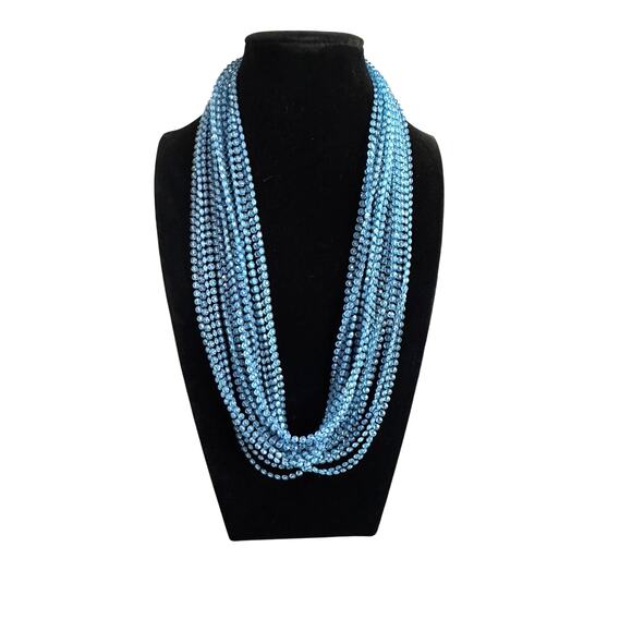 Unique Vintage Jewelry - Vintage Multi Strand Long Layered Beaded Shimmer Blue Necklace Filigree Back